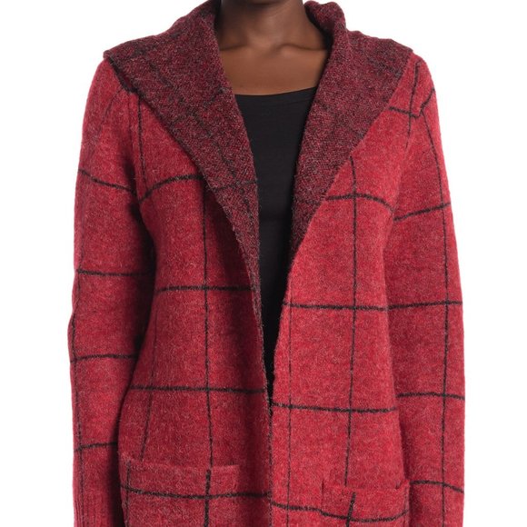 Cyrus Sweaters - Cyrus Windowpane Hooded Cardigan Coat Red/Black